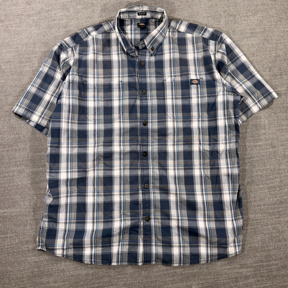 Dickies Plaid Button Down Shirt Mens Large Blue Relaxed Fit Short Sleeve